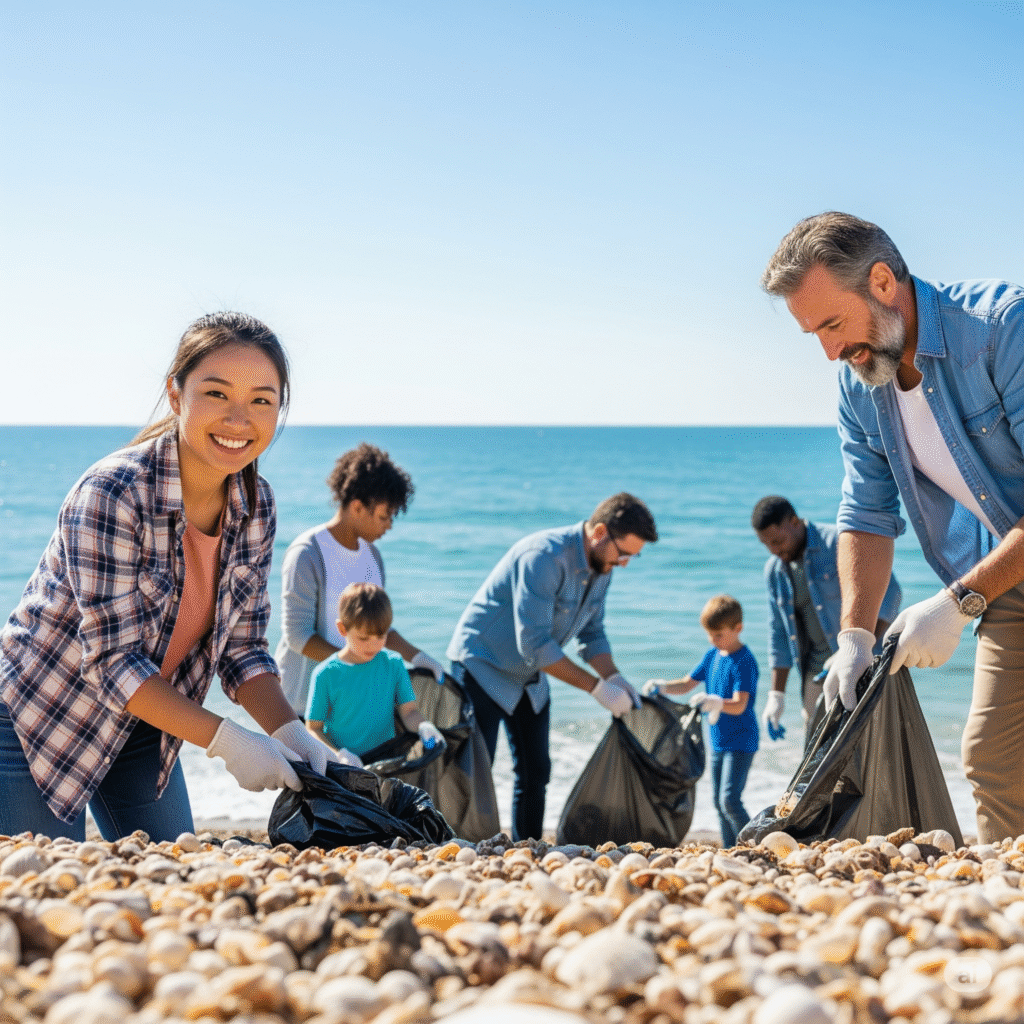Um grupo diversificado de pessoas a participar ativamente numa limpeza de praia, demonstrando responsabilidade ambiental.