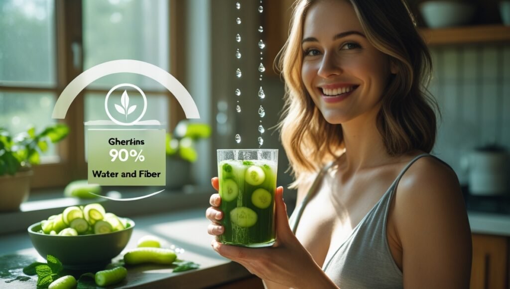 Mulher sorridente degustando suco de Maxixi com hortelã