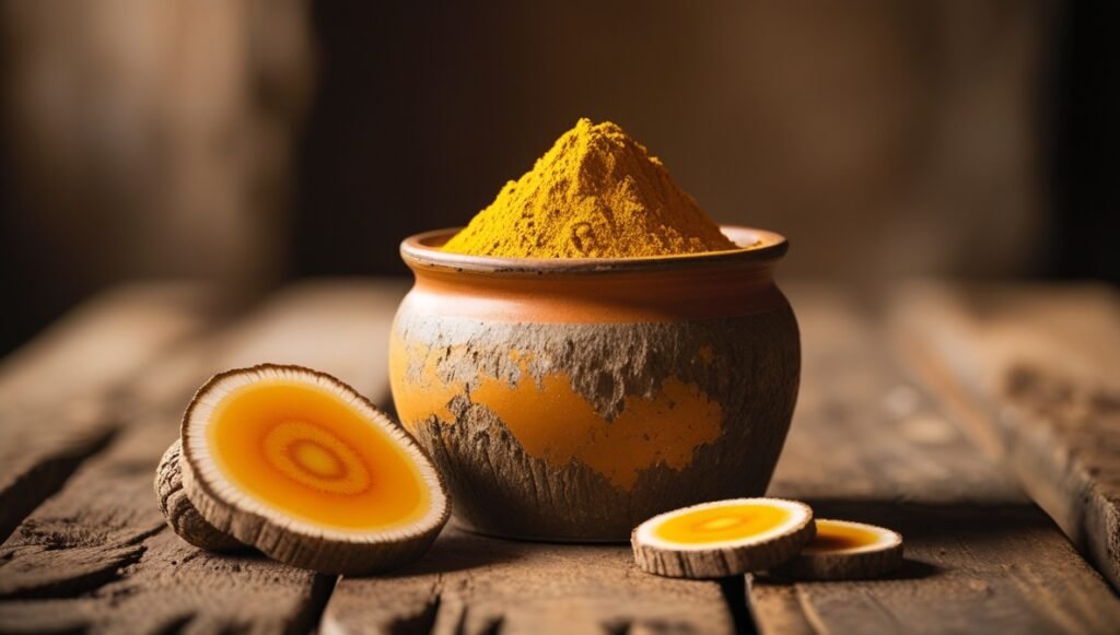 Um recipiente rústico com pó de maca peruana sobre uma mesa de madeira, ao lado da raiz fresca cortada em rodelas.