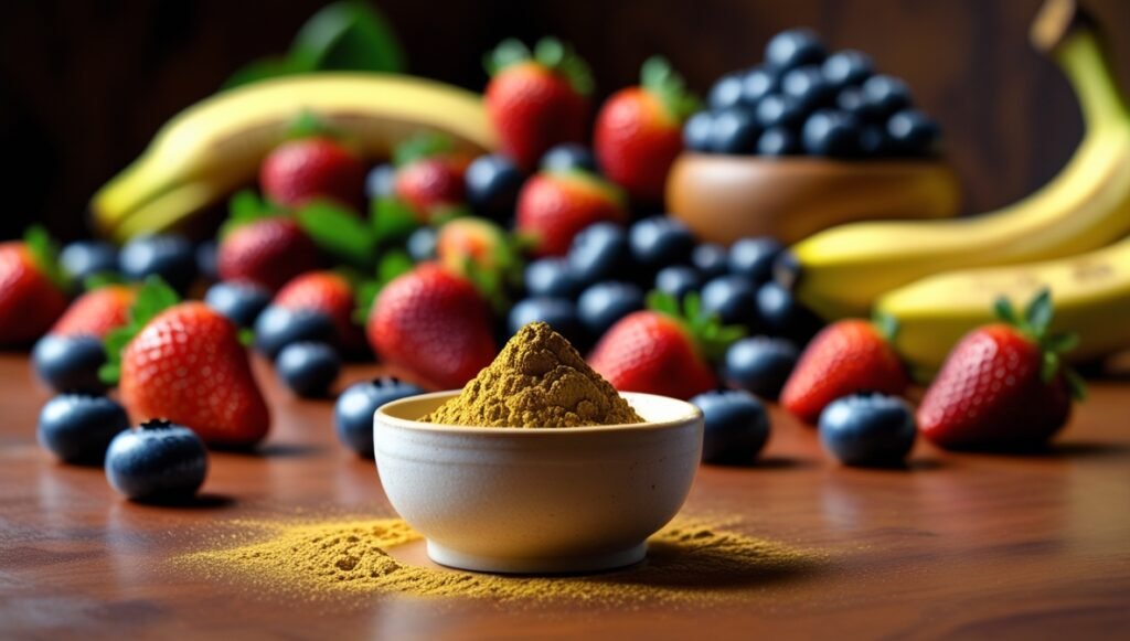 Um smoothie de frutas com maca peruana sendo preparado, com frutas frescas ao fundo e um potinho com o pó em destaque.