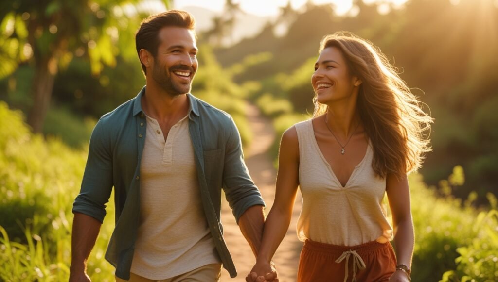 Um casal feliz caminhando ao ar livre, sorrindo, simbolizando a melhora da libido e do bem-estar com o uso da maca
