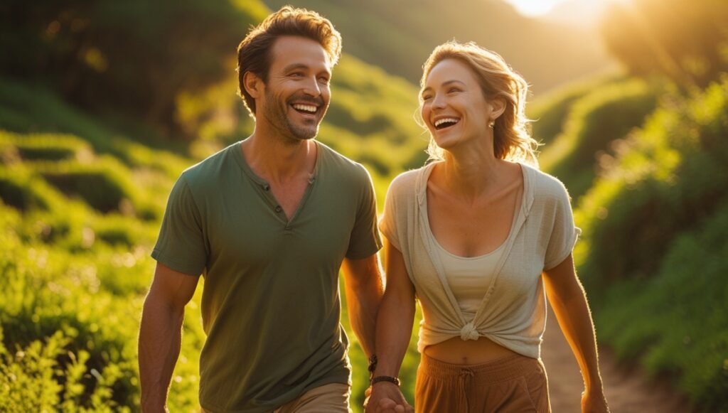 Maca peruana: Um casal feliz caminhando ao ar livre, sorrindo, simbolizando a melhora da libido e do bem-estar com o uso da maca