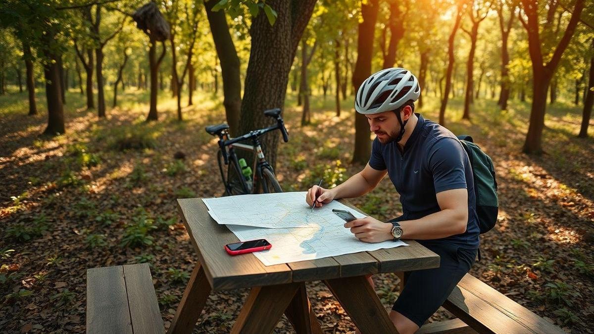 Planejamento com mapas de trilhas de bicicleta na floresta