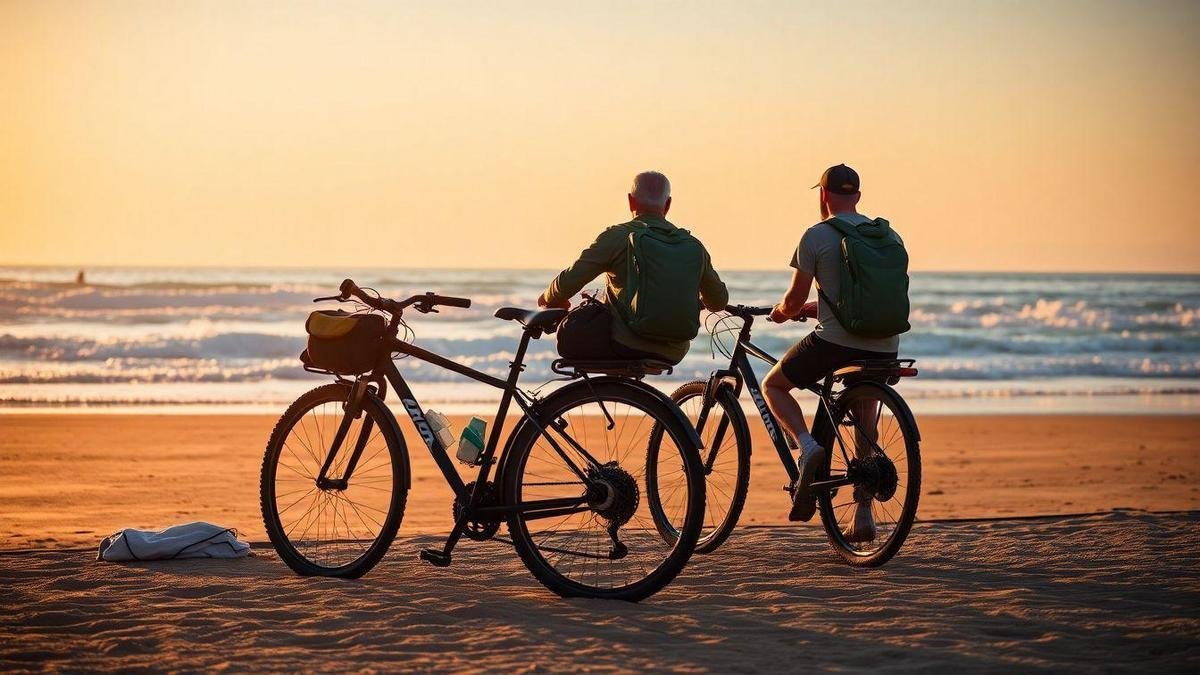 Equipamento essencial para nosso passeio de bicicleta na praia ao pôr do sol