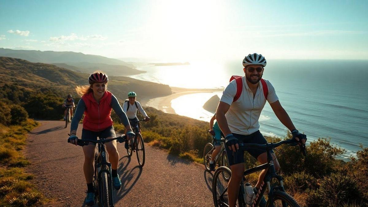 Passeios de bicicleta ao pôr do sol em trilhas costeiras com mirantes para paisagens: benefícios para a saúde quando pedalamos